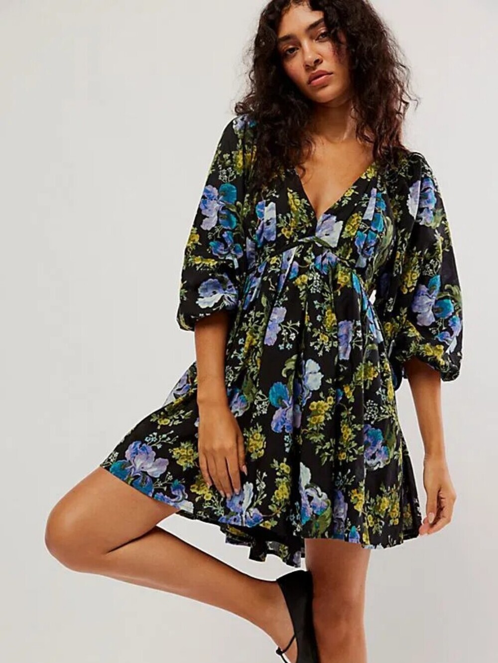 Free People Black Floral V-Neck Babydoll Dress with Purple & Green Flowers Sz XS